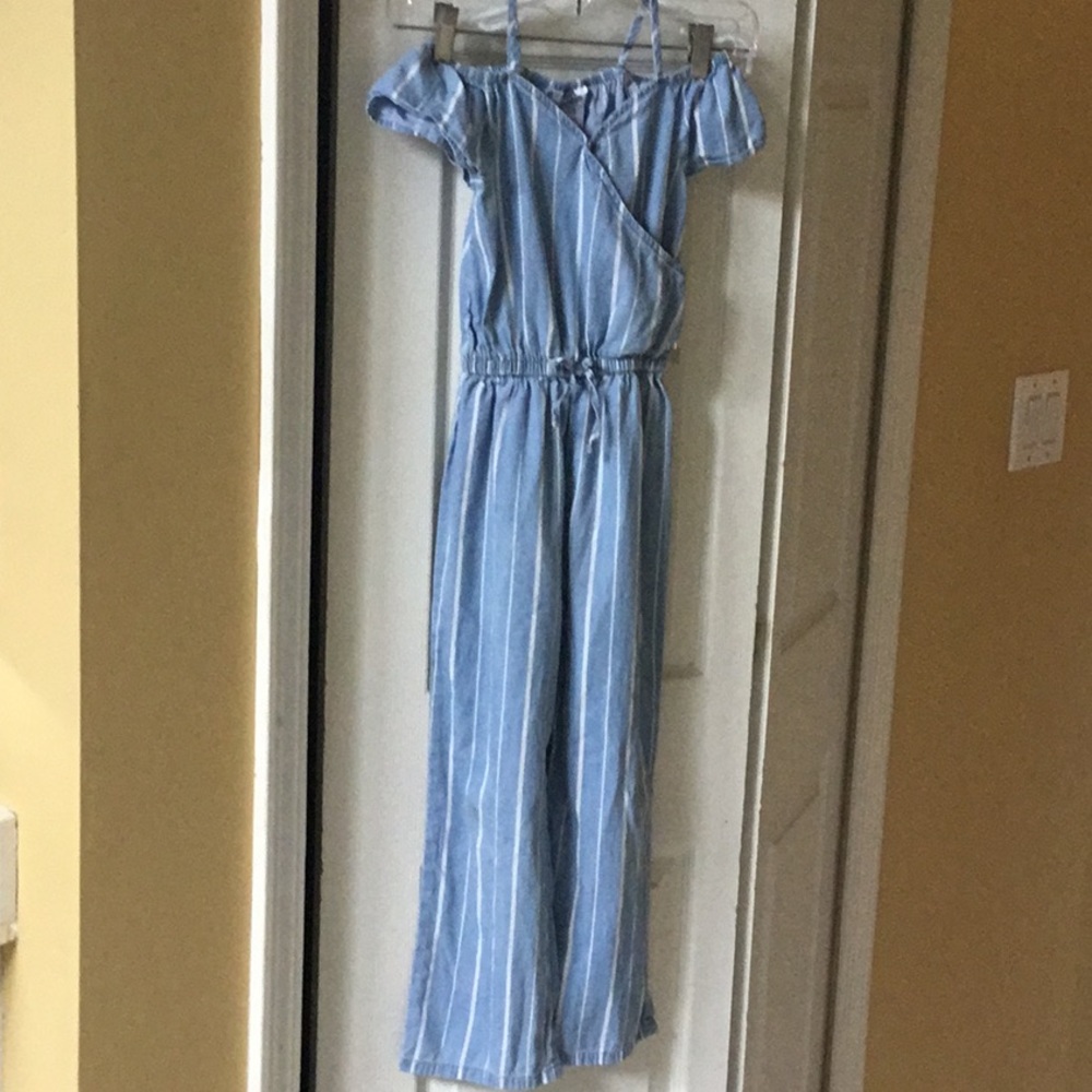 Bebe size 7/8 Lt blue pinstripe jumpsuit